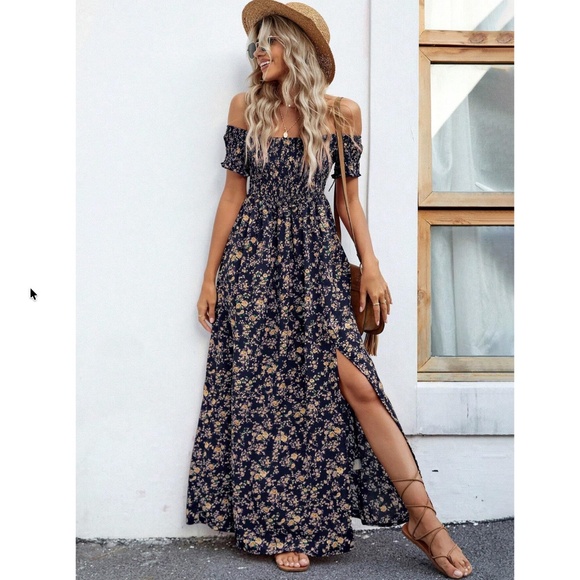 Rouge! Dresses & Skirts - Ditsy Floral Off Shoulder Navy Blue Shirred Top Maxi Dress Leg Slit Flowy, Long